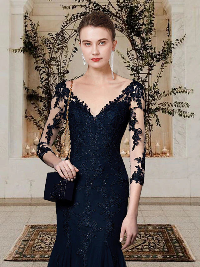 Wholesale Mermaid / Trumpet Mother of the Bride Dress Elegant V Neck Sweep / Brush Train Lace Tulle Short Sleeve with Appliques